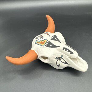 Vintage Acoma Native American Art Pottery Cow Bull Horn Skull Head Signed Wall